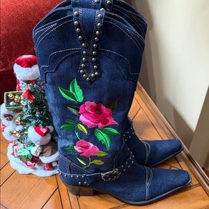 J.Renee Denim Boots with Pink Floral Embroidery